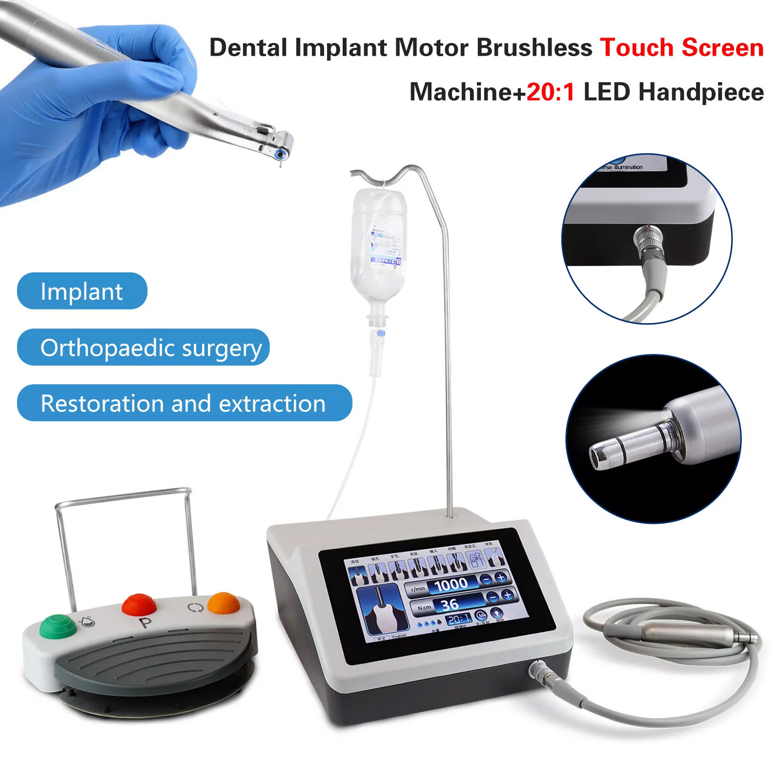 WJ YWJ-DP180 Dental LED Implant Motor Surgical System +20:1 20:1 Surgical Handpiece